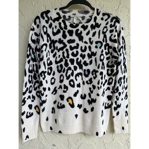 Autumn Cashmere Leopard Print 100% Cashmere Crewneck Sweater White Black XS
